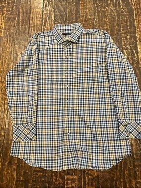 Zachary Prell Navy Blue White Tan Plaid Long-Sleeve Button-Down Shirt